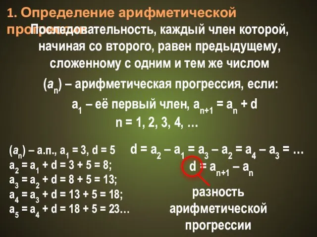 1. Определение арифметической прогрессии Последовательность, каждый член которой, начиная со второго, равен