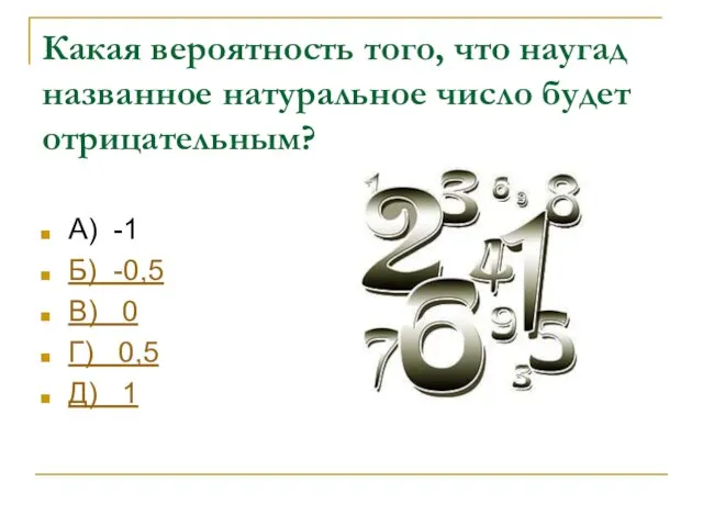 Какая вероятность того, что наугад названное натуральное число будет отрицательным? А) -1