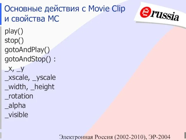 Электронная Россия (2002-2010), ЭР-2004 Основные действия с Movie Clip и свойства МС