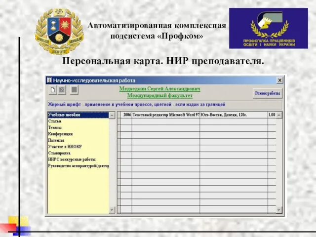 Автоматизированная комплексная подсистема «Профком» Персональная карта. НИР преподавателя.