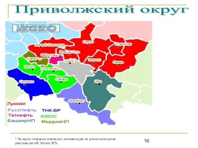 Приволжский округ * На карте показаны компании, занимающие на розничном рынке реализации а/б более 35%