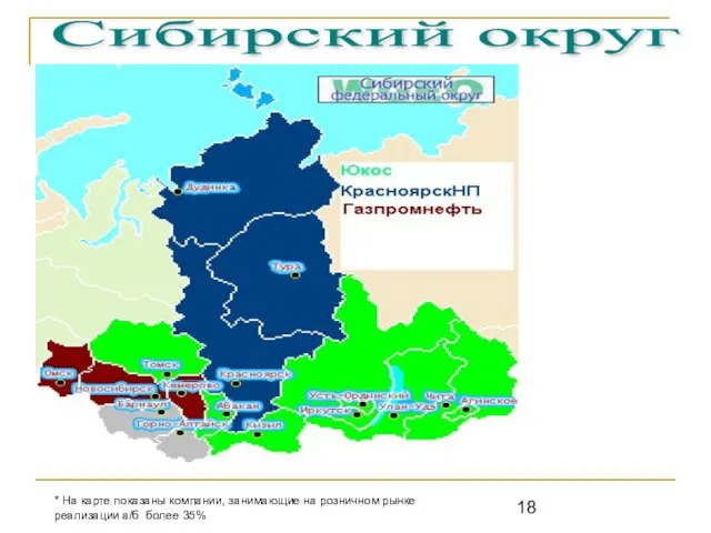 Сибирский округ * На карте показаны компании, занимающие на розничном рынке реализации а/б более 35%