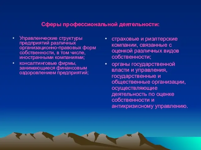 Сферы профессиональной деятельности: Управленческие структуры предприятий различных организационно-правовых форм собственности, в том