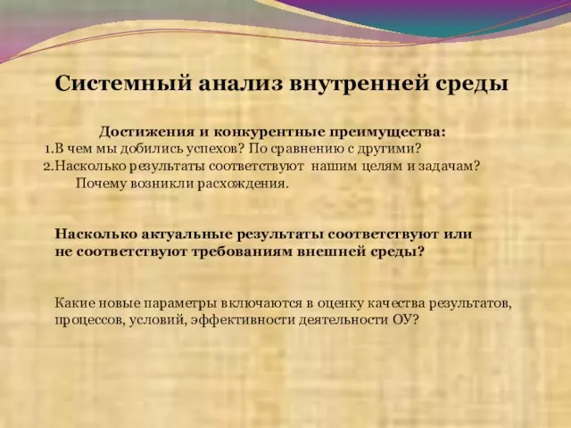 Системный анализ внутренней среды Достижения и конкурентные преимущества: В чем мы добились