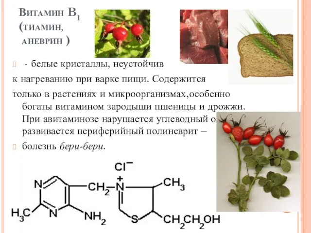 Витамин B1 (тиамин, аневрин ) - белые кристаллы, неустойчив к нагреванию при