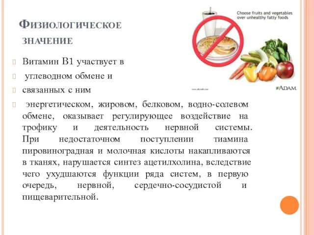 Физиологическое значение Витамин B1 участвует в углеводном обмене и связанных с ним