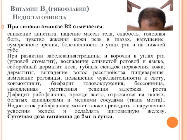 Витамин B2(рибофлавин) Недостаточность При гиповитаминозе В2 отмечается: снижение аппетита, падение массы тела,