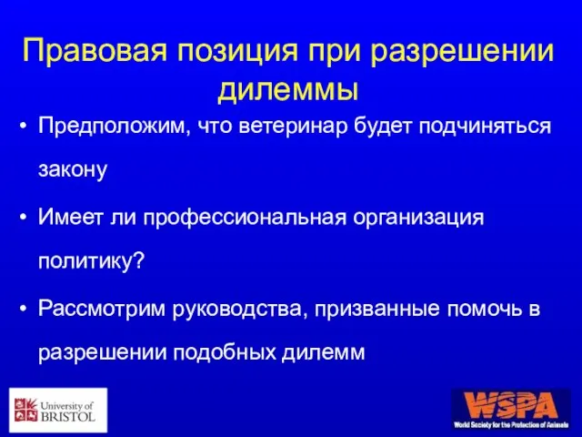 Правовая позиция при разрешении дилеммы Предположим, что ветеринар будет подчиняться закону Имеет