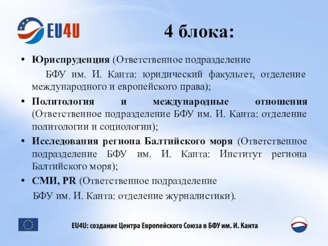 4 блока: Юриспруденция (Ответственное подразделение БФУ им. И. Канта: юридический факультет, отделение