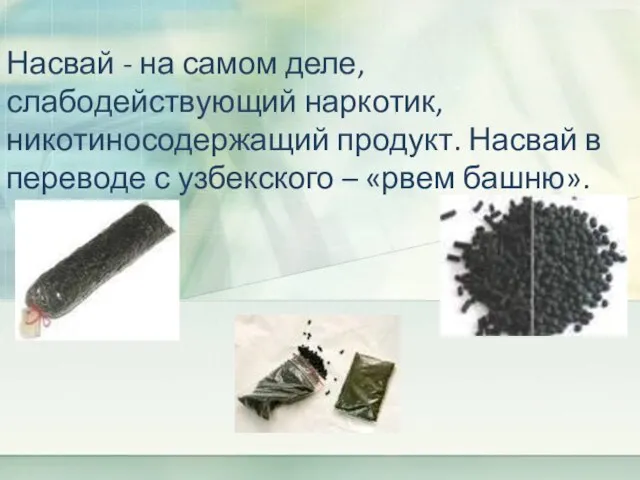 Насвай - на самом деле, слабодействующий наркотик, никотиносодержащий продукт. Насвай в переводе