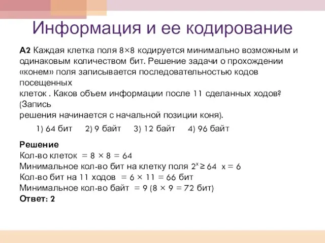 Информация и ее кодирование А2 Каждая клетка поля 8×8 кодируется минимально возможным