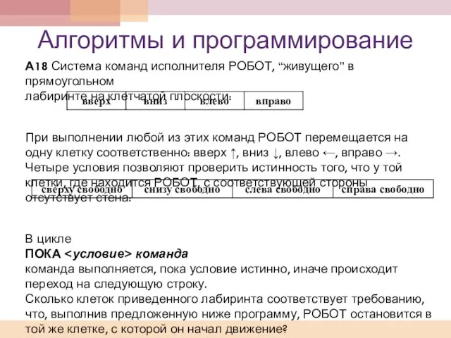 Алгоритмы и программирование А18 Система команд исполнителя РОБОТ, “живущего” в прямоугольном лабиринте