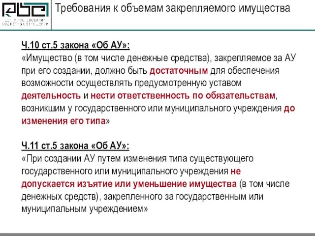 Требования к объемам закрепляемого имущества Ч.10 ст.5 закона «Об АУ»: «Имущество (в