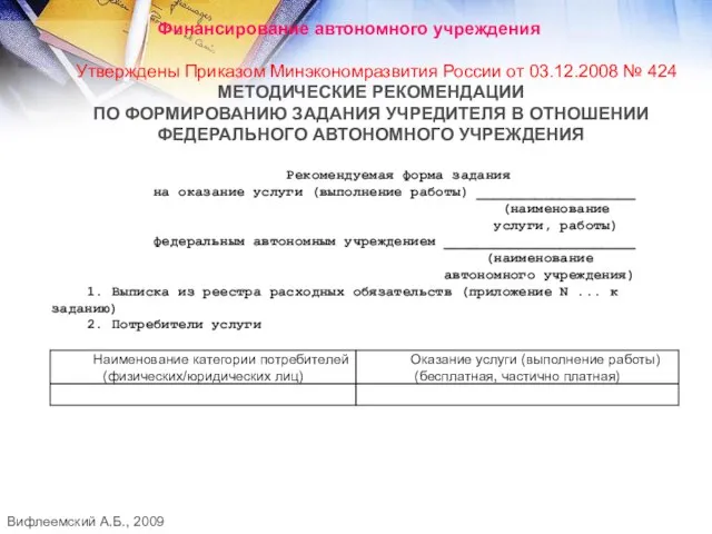 Финансирование автономного учреждения Утверждены Приказом Минэкономразвития России от 03.12.2008 № 424 МЕТОДИЧЕСКИЕ