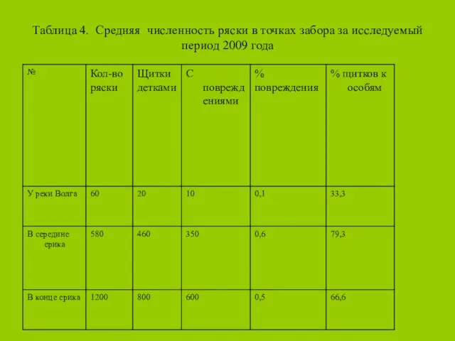 Таблица 4. Средняя численность ряски в точках забора за исследуемый период 2009 года