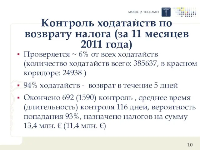 Контроль ходатайств по возврату налога (за 11 месяцев 2011 года) Проверяется ~