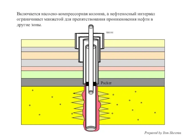 Включается насосно-компрессорная колонна, а нефтеносный интервал ограничивает манжетой для препятствования проникновения нефти