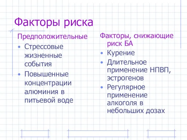 Факторы риска Предположительные Стрессовые жизненные события Повышенные концентрации алюминия в питьевой воде