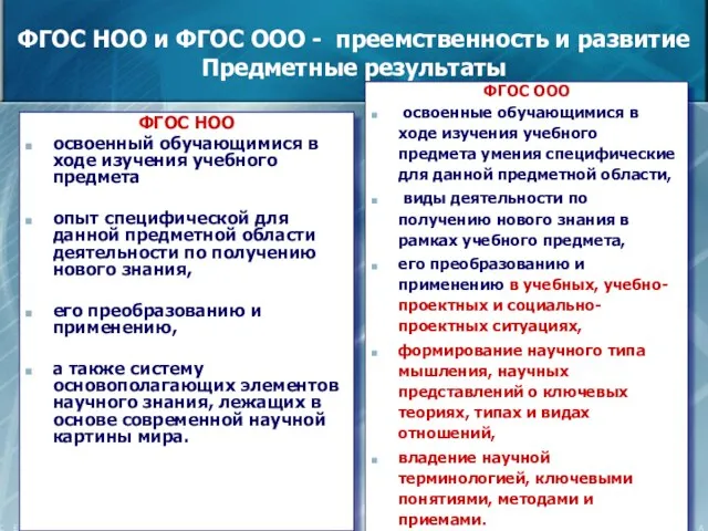 ФГОС НОО и ФГОС ООО - преемственность и развитие Предметные результаты ФГОС