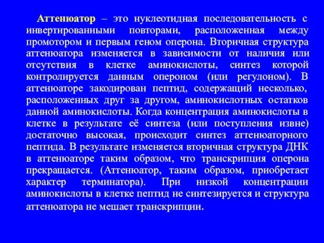 Аттенюатор – это нуклеотидная последовательность с инвертированными повторами, расположенная между промотором и