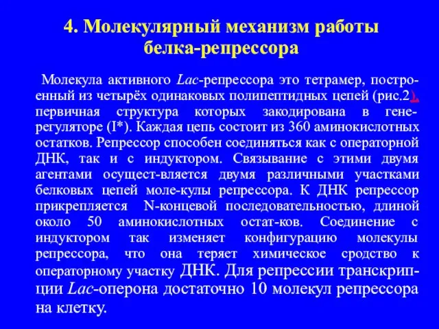 4. Молекулярный механизм работы белка-репрессора Молекула активного Lac-репрессора это тетрамер, постро-енный из