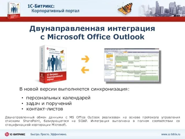 Двунаправленная интеграция с Microsoft Office Outlook персональных календарей задач и поручений контакт-листов