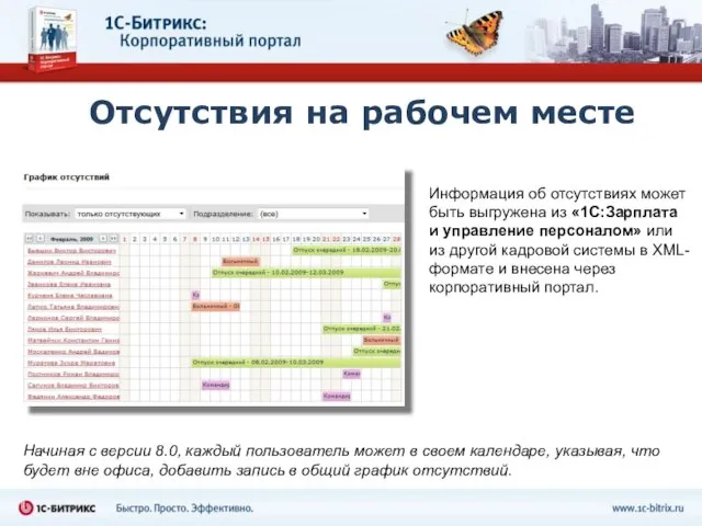 Отсутствия на рабочем месте Информация об отсутствиях может быть выгружена из «1С:Зарплата