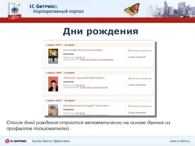 Дни рождения Список дней рождения строится автоматически на основе данных из профайлов пользователей.