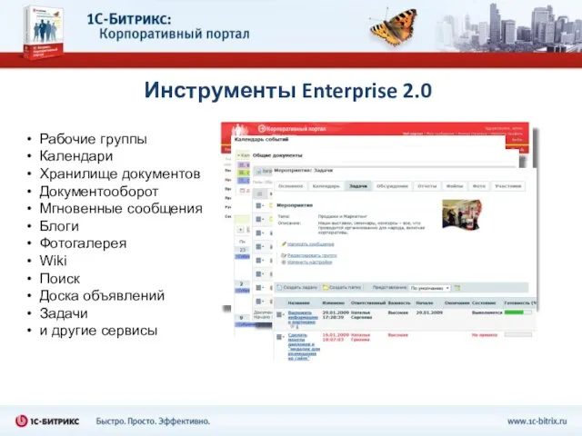 Инструменты Enterprise 2.0 Рабочие группы Календари Хранилище документов Документооборот Мгновенные сообщения Блоги