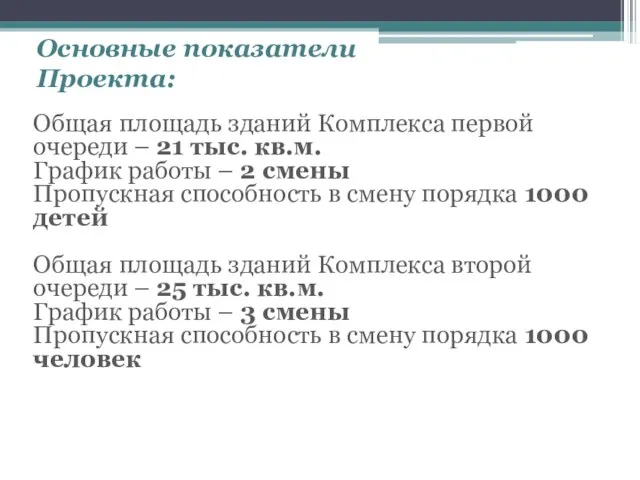 Основные показатели Проекта: Общая площадь зданий Комплекса первой очереди – 21 тыс.