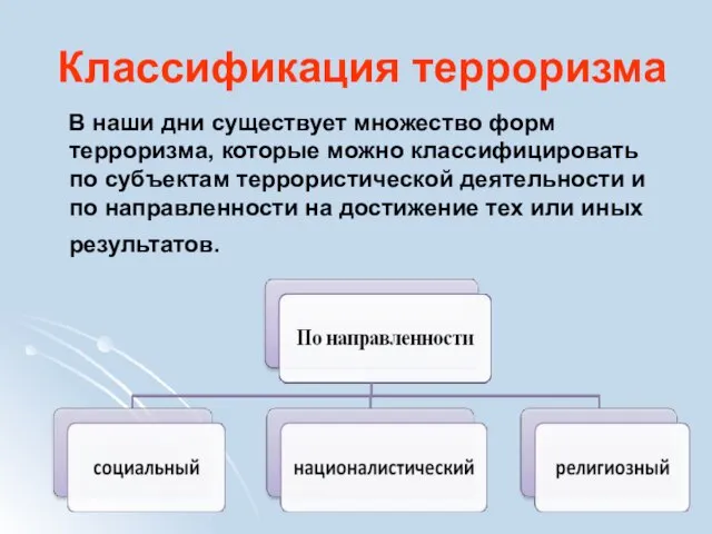 Классификация терроризма В наши дни существует множество форм терроризма, которые можно классифицировать