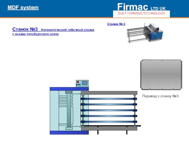 Переход к станку №3 Firmac LTD UK DUCT FORMING TECHNOLOGY MDF system