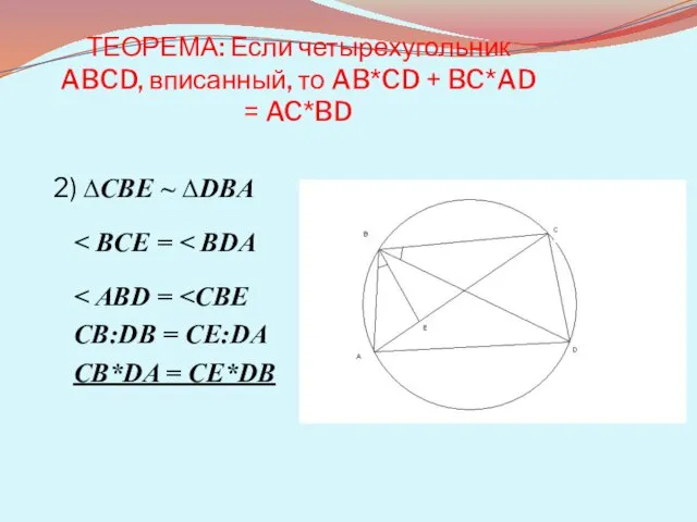 ТЕОРЕМА: Если четырехугольник ABCD, вписанный, то AB*CD + BC*AD = AC*BD 2)