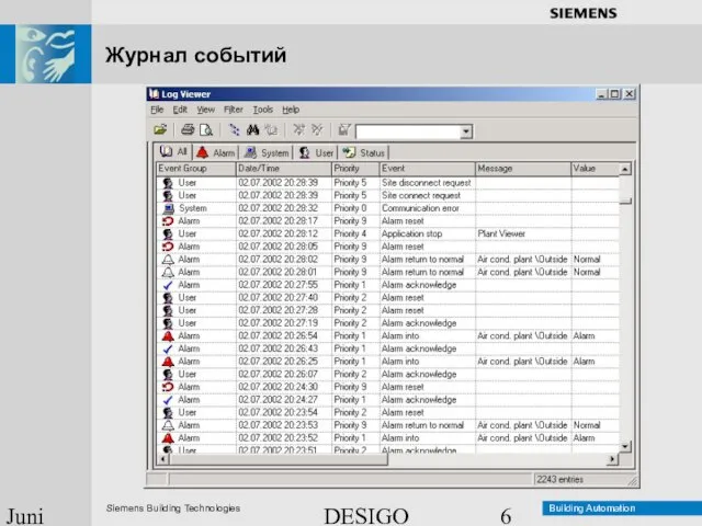 DESIGO INSIGHT Übersicht Juni 2003 Журнал событий