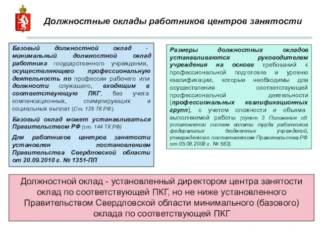 Должностные оклады работников центров занятости Должностной оклад - установленный директором центра занятости