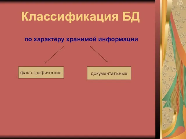 Классификация БД по характеру хранимой информации фактографические документальные