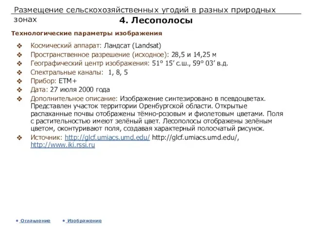 Размещение сельскохозяйственных угодий в разных природных зонах 4. Лесополосы Космический аппарат: Ландсат