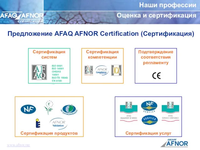 Наши профессии Оценка и сертификация Сертификация компетенции Сертификация услуг Предложение AFAQ AFNOR Certification (Сертификация) www.afnor.org