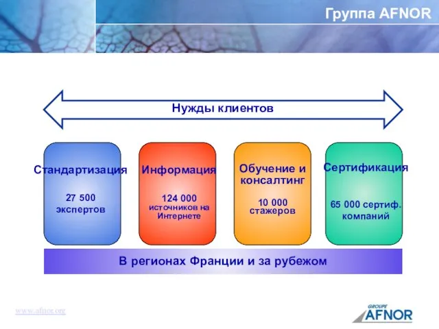 Группа AFNOR Стандартизация 27 500 экспертов Информация 124 000 источников на Интернете