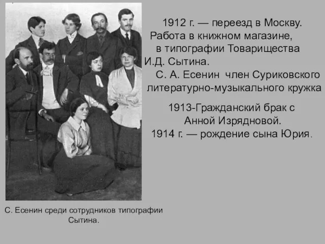 С. Есенин среди сотрудников типографии Сытина. 1912 г. — переезд в Москву.