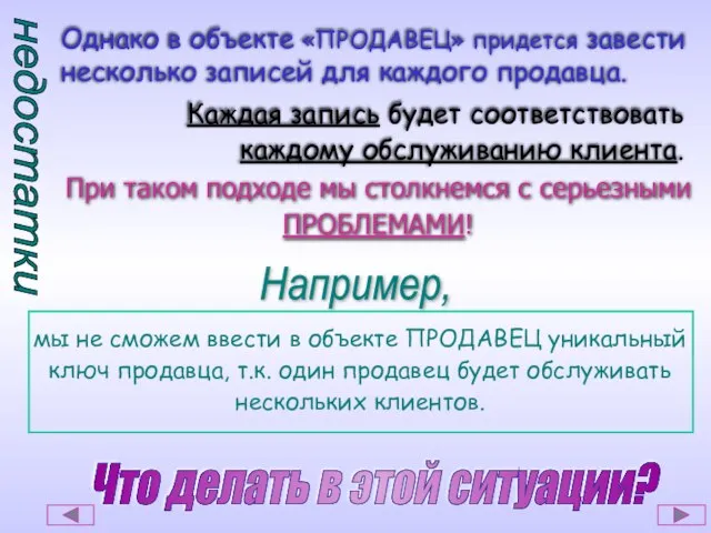 Однако в объекте «ПРОДАВЕЦ» придется завести несколько записей для каждого продавца. Каждая