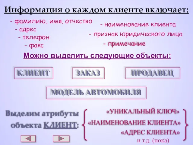 Информация о каждом клиенте включает: - наименование клиента - адрес - телефон