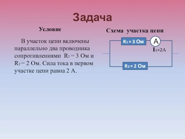 Задача Условие В участок цепи включены параллельно два проводника сопротивлениями R1 =