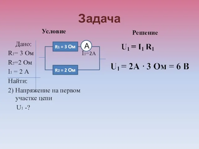 Задача Условие Дано: R1= 3 Ом I1=2А R2=2 Ом I1 = 2