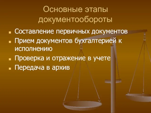 Основные этапы документообороты Составление первичных документов Прием документов бухгалтерией к исполнению Проверка