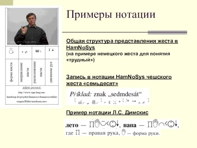 Пример нотации Л.С. Димскис Запись в нотации HamNoSys чешского жеста «семьдесят» Общая