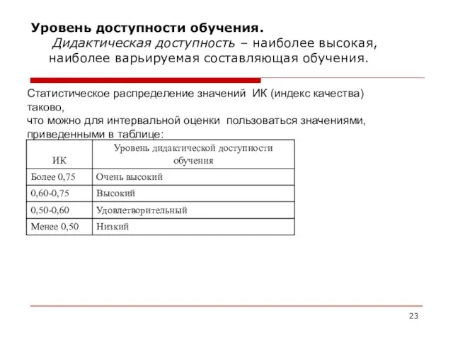 Уровень доступности обучения. Дидактическая доступность – наиболее высокая, наиболее варьируемая составляющая обучения.