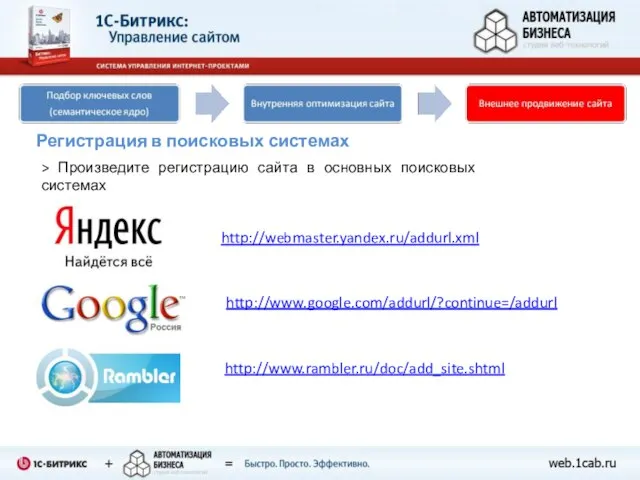 > Произведите регистрацию сайта в основных поисковых системах Регистрация в поисковых системах http://webmaster.yandex.ru/addurl.xml http://www.google.com/addurl/?continue=/addurl http://www.rambler.ru/doc/add_site.shtml