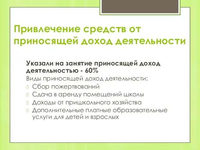 Привлечение средств от приносящей доход деятельности Указали на занятие приносящей доход деятельностью