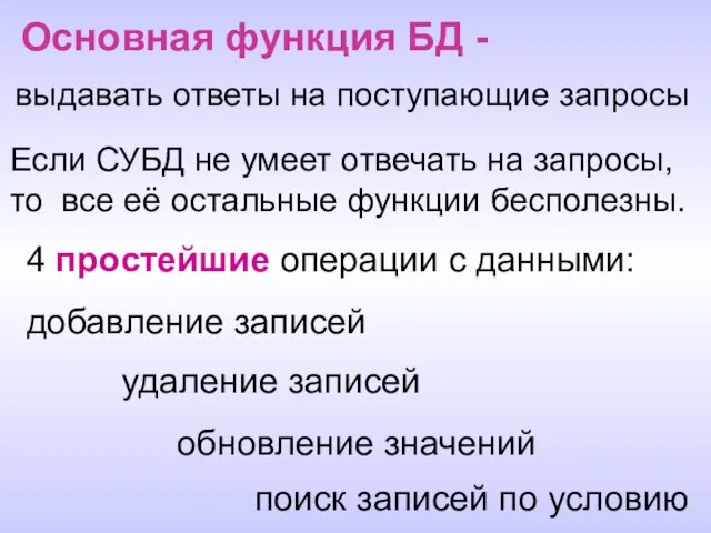 Основная функция БД - выдавать ответы на поступающие запросы Если СУБД не